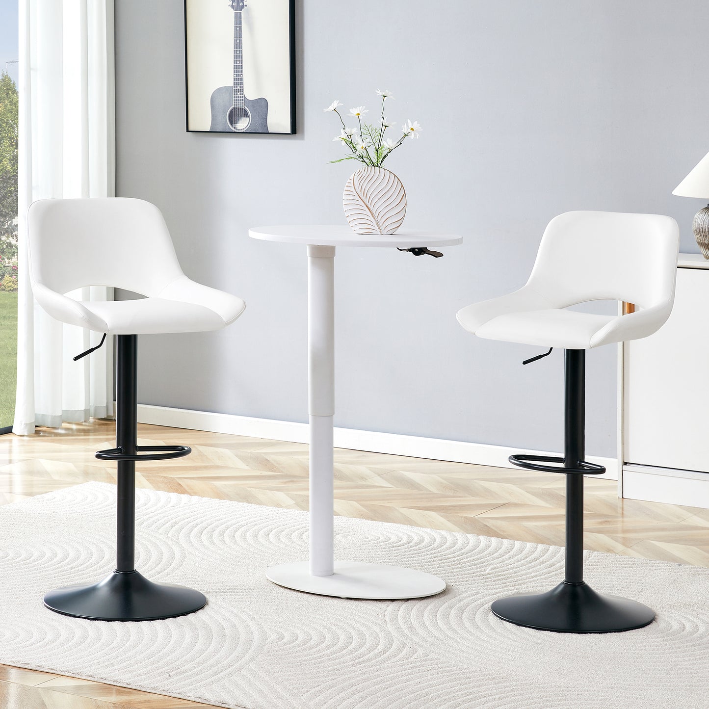 Modern Swivel Adjustable Bar Stools Set - 2 Pack, White PU Material,