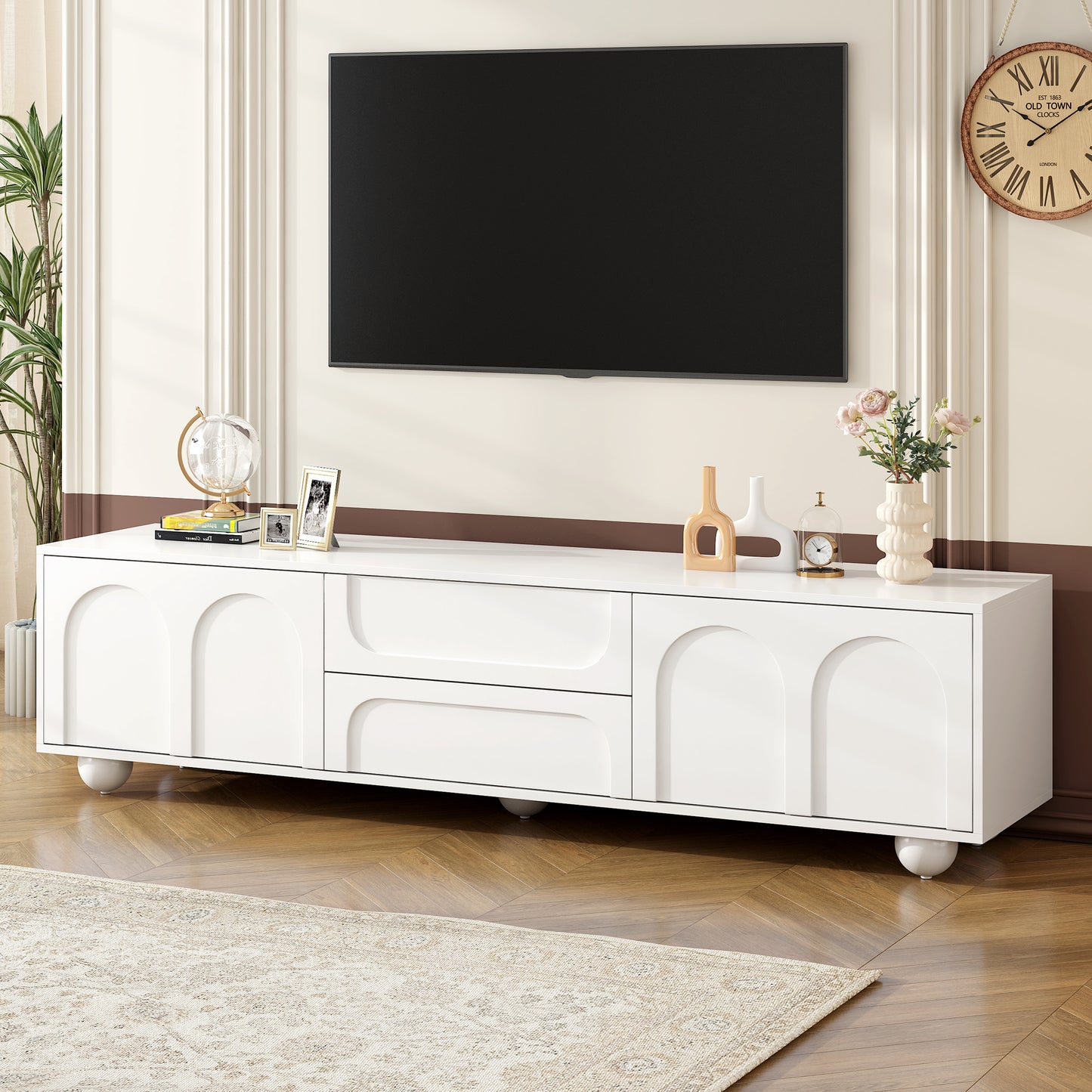 Cream Style TV Stand with Arched Doors & 2 Drawers for TVs Up to 75"