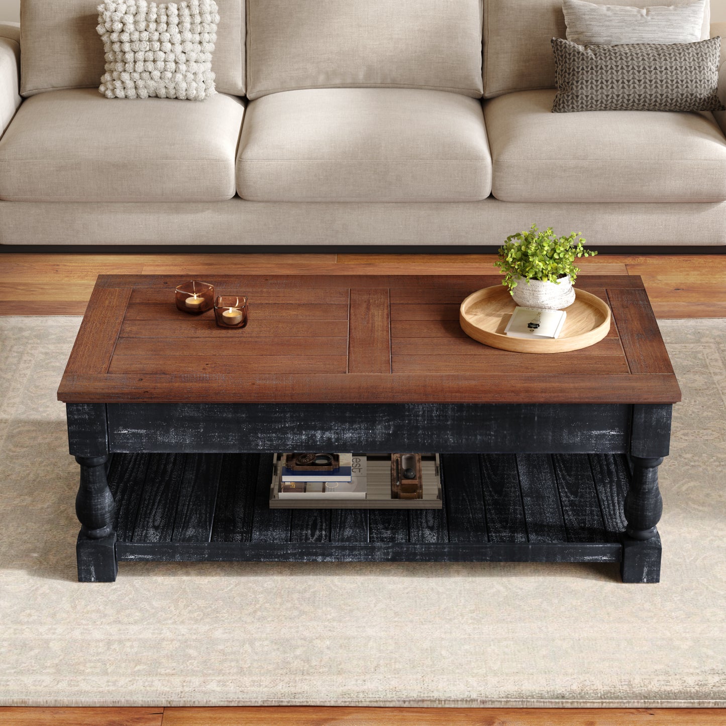 Retro Lift-Top Coffee Table with Storage - Espresso & Weathered Black