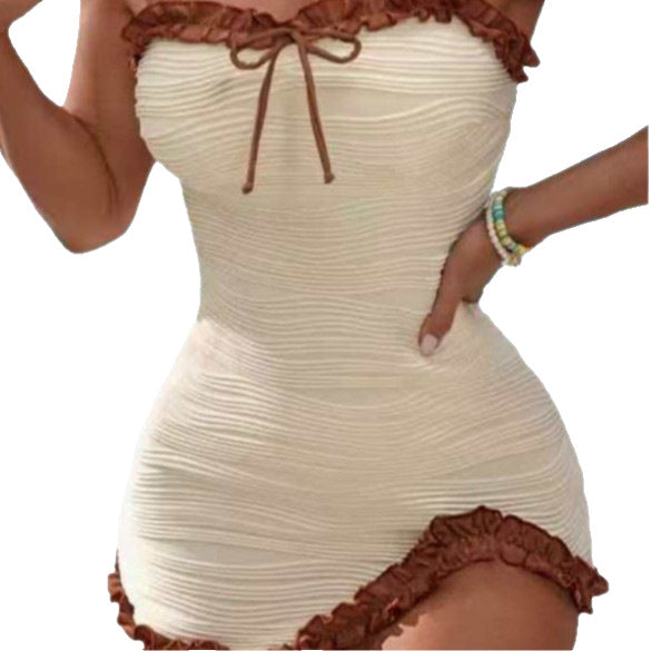 Striped Women's Swimsuit Set - Minimalist Design, Off-White