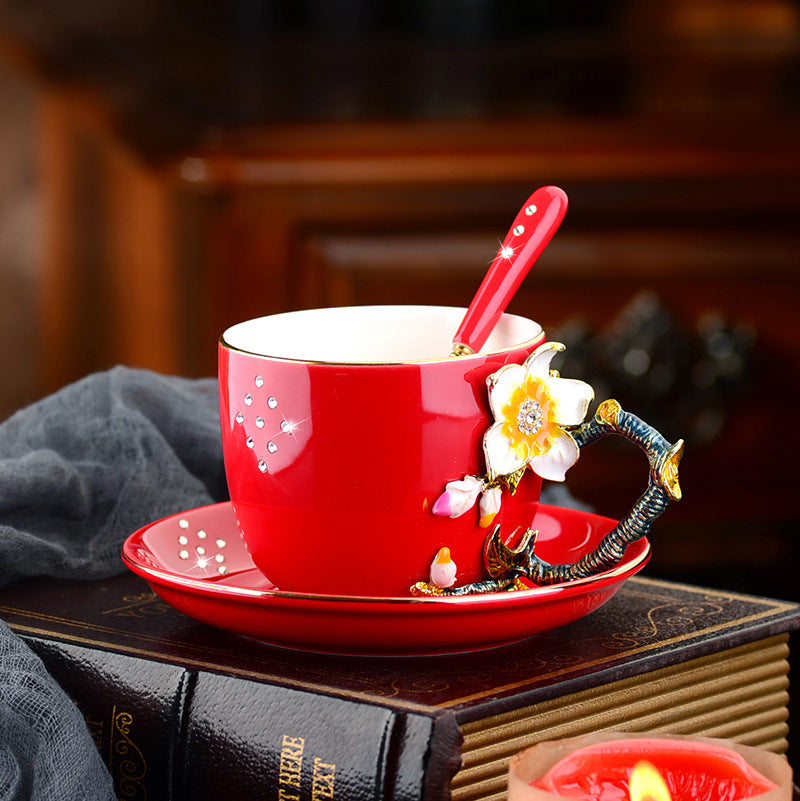 Enamel Coffee Cup and Saucer Set - Ceramic Drinkware Kitchen Decor