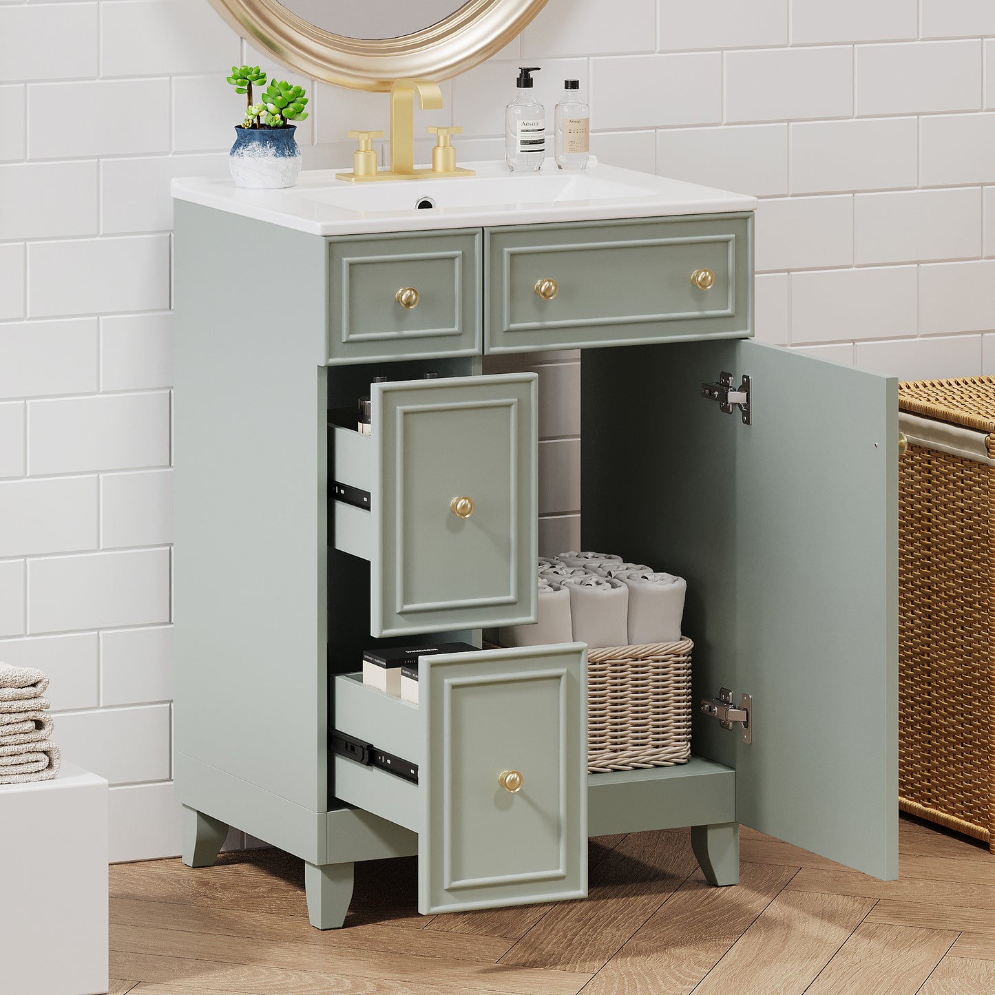 24-Inch Green Bathroom Vanity Cabinet with Ceramic Sink