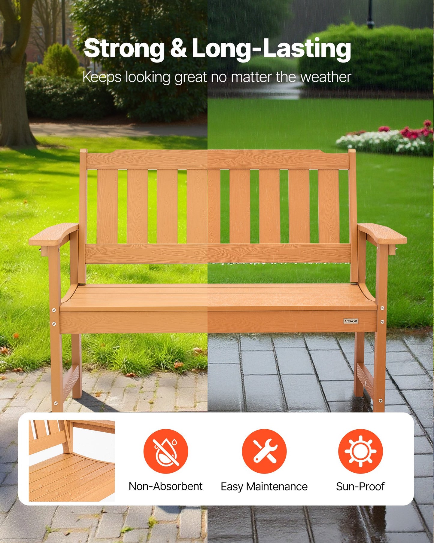 Outdoor Patio Bench 50.5 In Weatherproof Plastic & Wood Look Natural