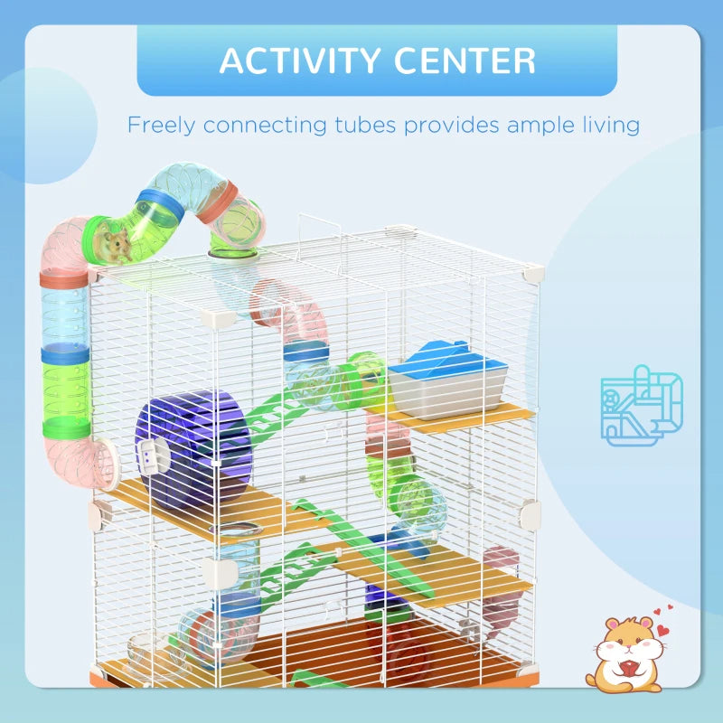 Portable 5-Tier Hamster Cage with Exercise Wheel and Tubes – Small Animal Habitat