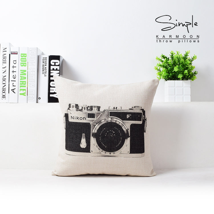 Vintage Camera Bicycle Cushion Cover - Cotton Linen Pillowcase, 43x43cm