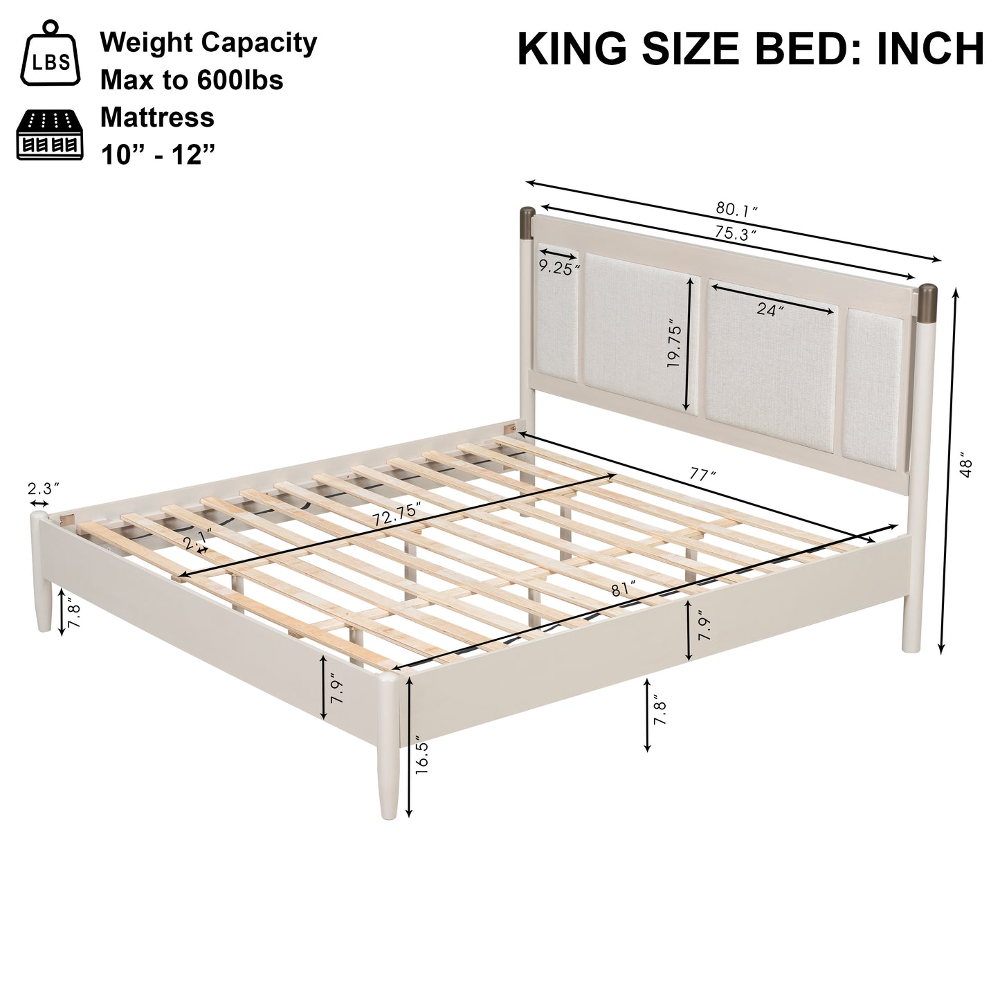 Solid Wood King Bed, Heavy Duty 600 Lbs Support, No Box Spring