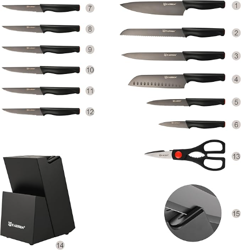 15-Piece High Carbon Stainless Steel Knife Set with Block