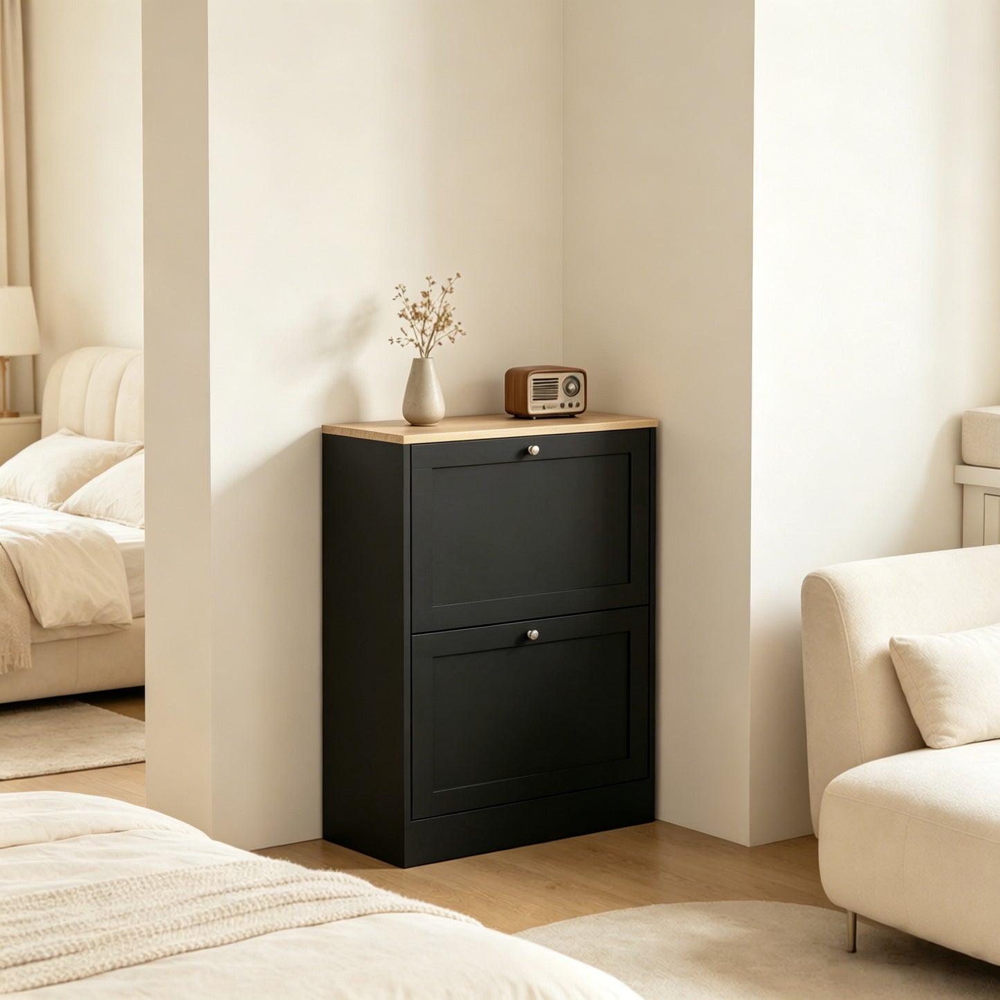 Narrow Shoe Cabinet with Adjustable Shelves - Black & Light Oak