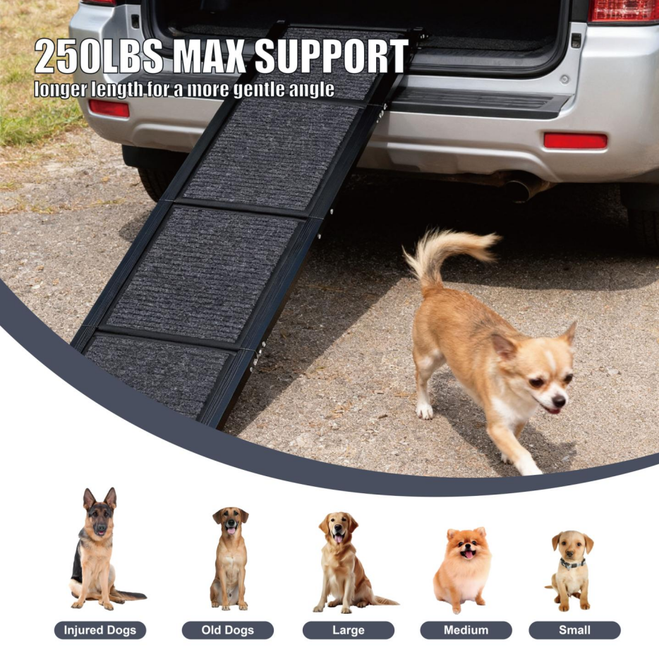 Large Folding Dog Ramp for Car SUV Truck - Non-Slip Aluminum Pet Steps 65in