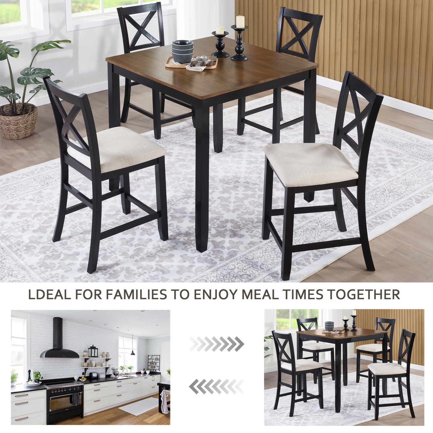 Counter Height Dining Table Set with 4 Chairs - Black & Oak