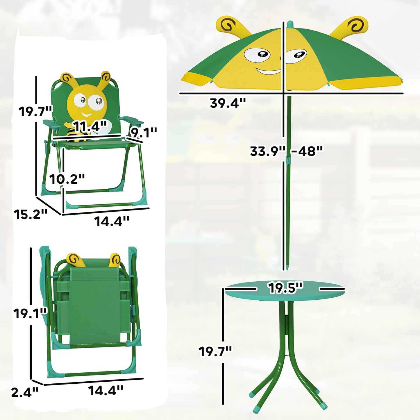 Kids Picnic Table and Chair Set with Adjustable Umbrella - Green