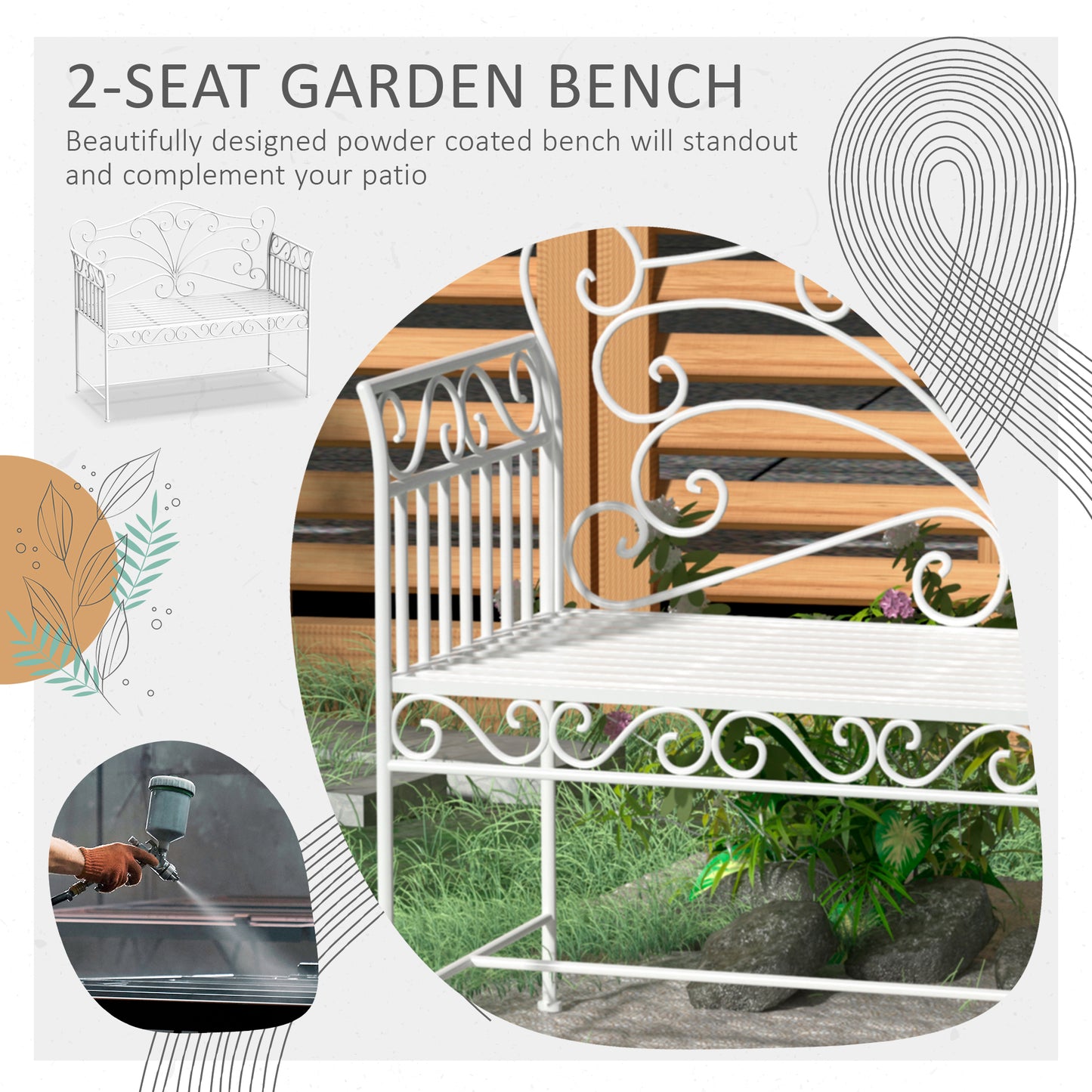 43" Outdoor Metal Garden Bench with Armrests - Cream White