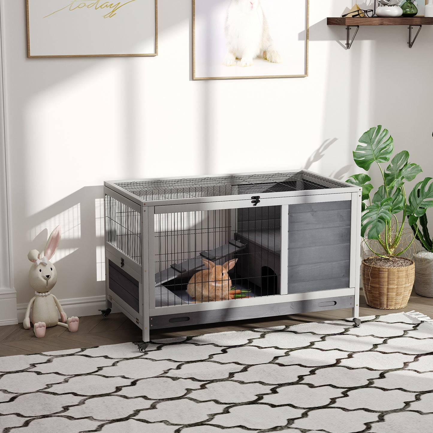 Indoor Small Animal Cage with Enclosed Run and Wheels - Wooden Rabbit & Guinea Pig Habitat