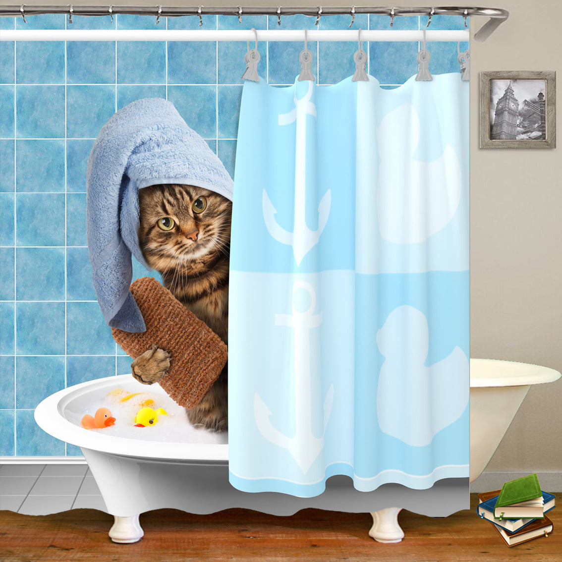 Cute Cat Shower Curtain Waterproof Fabric with Hooks - Funny Bathroom Decor