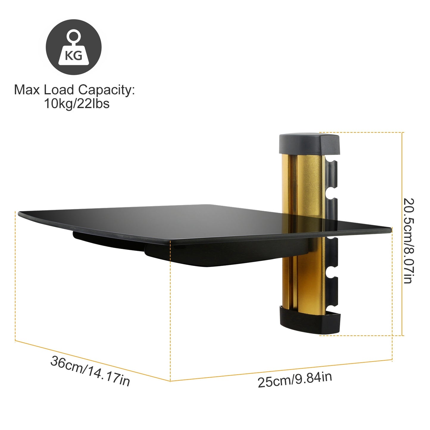Floating Wall Shelf - Tempered Glass Storage for DVD & Cable Boxes - Gold