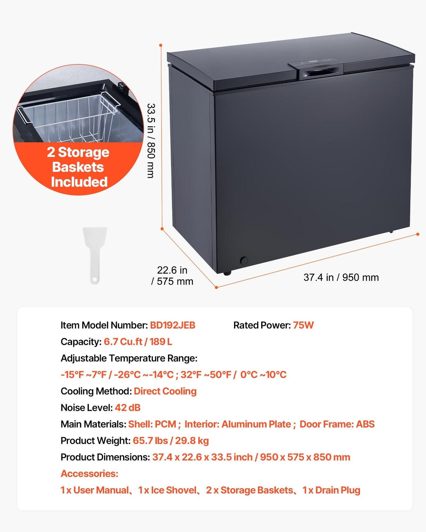 6.7 Cu.ft Compact Chest Freezer with Baskets - Energy Efficient, Low Noise, Garage Ready