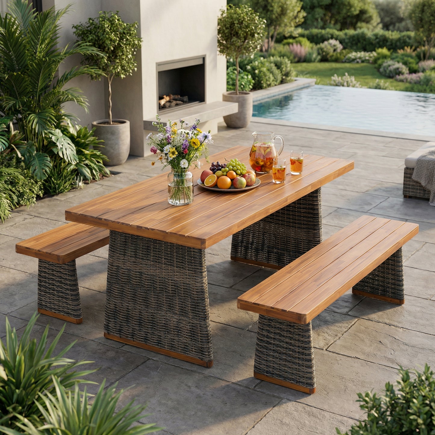 Outdoor 3 Piece Acacia Wood Dining Set with Rattan Legs - Grey