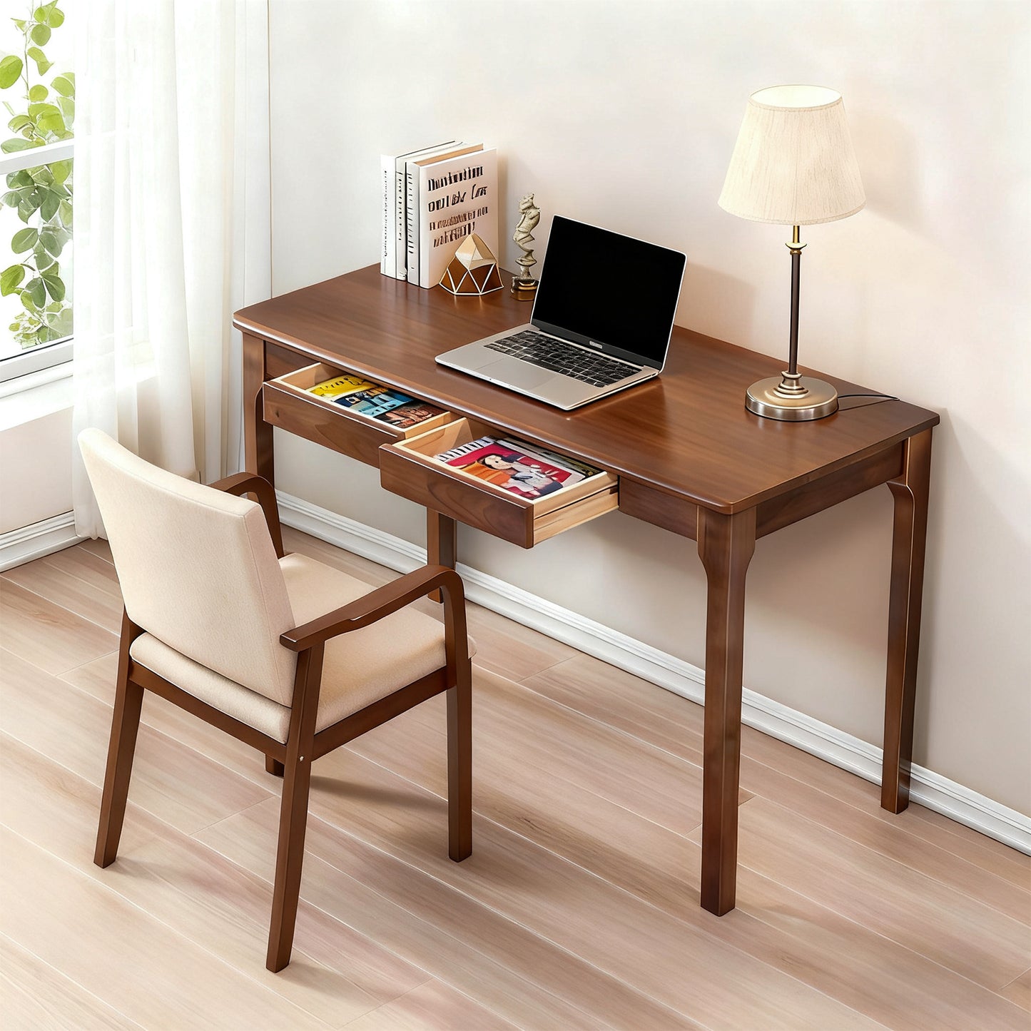 Solid Wood Desk With Drawers, Standing Smooth Edges, Home Office For