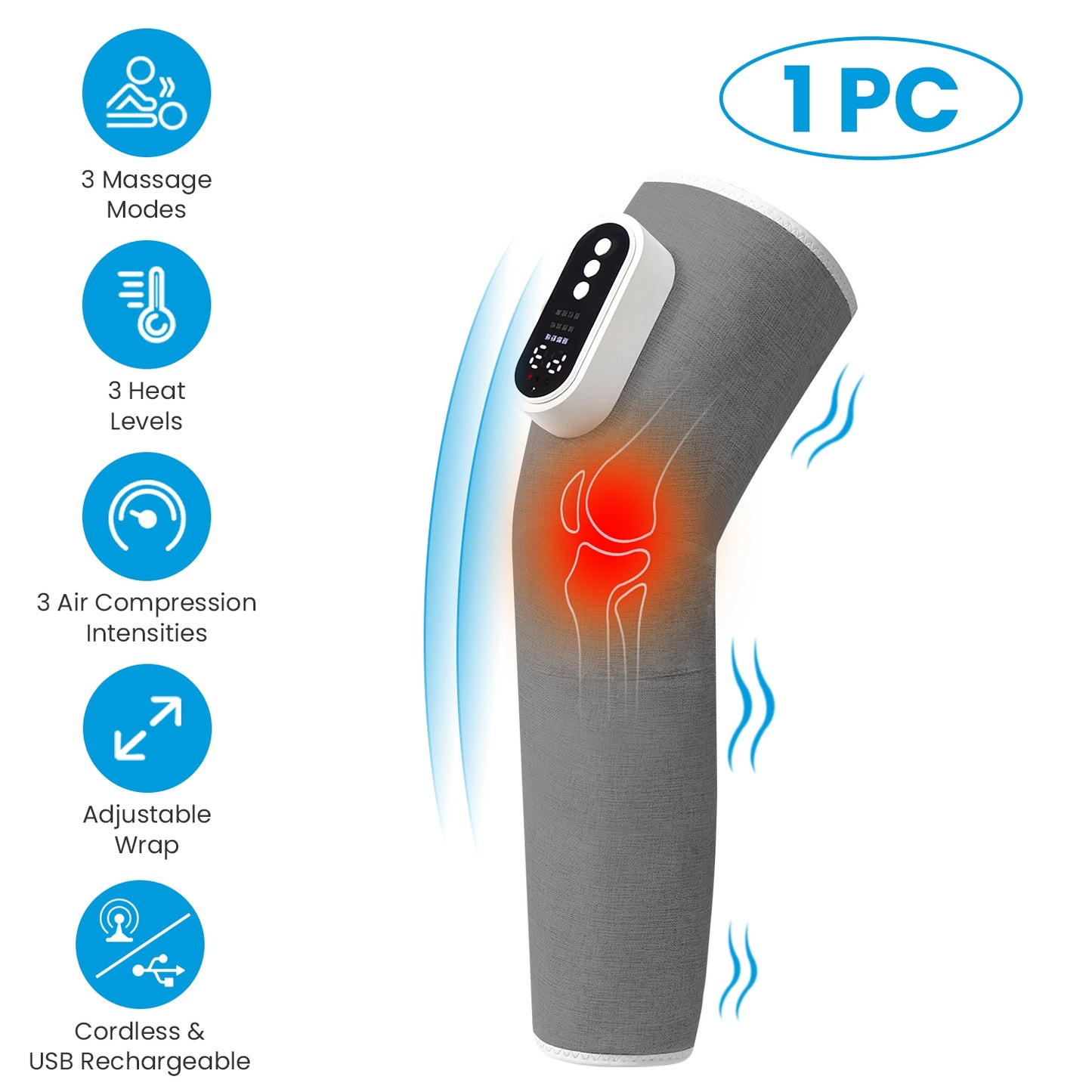 Cordless Leg Massager with Heat & Air Compression - Adjustable Calf Wrap