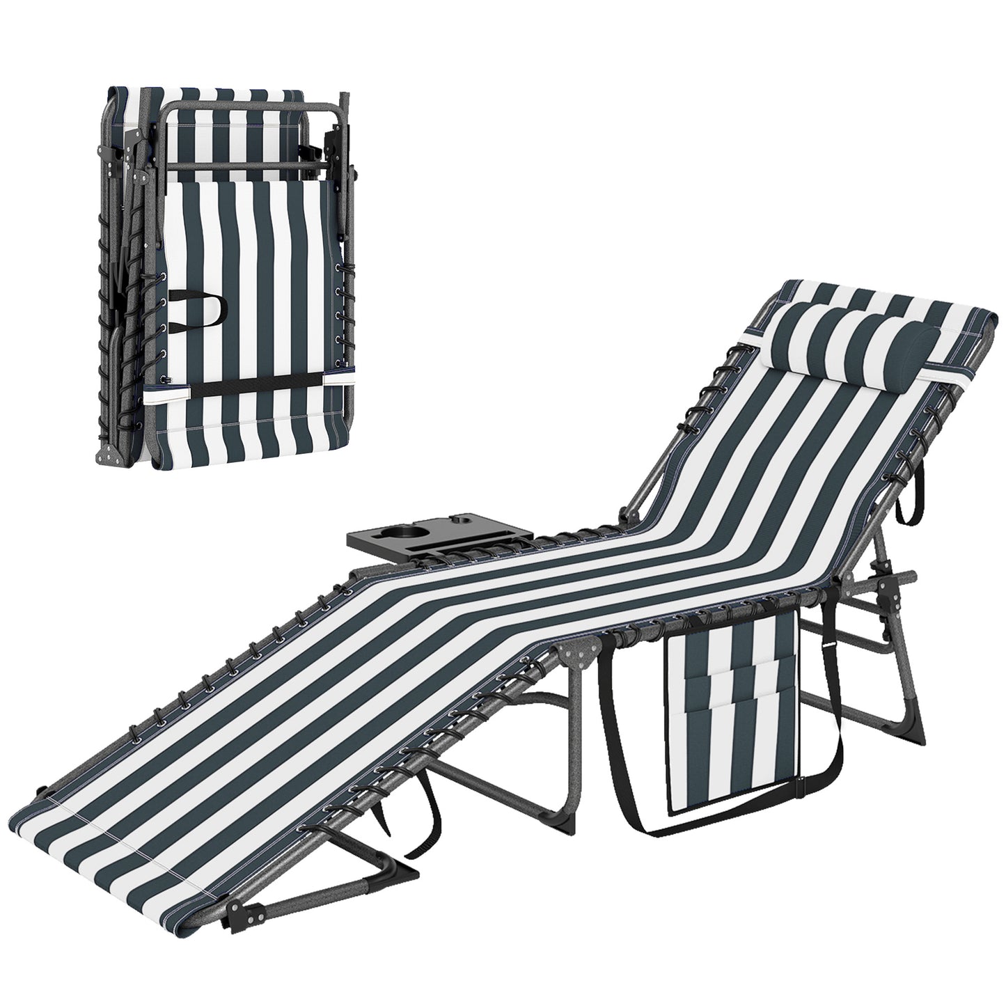 Folding Outdoor Chaise Lounge Chair with Adjustable Back & Side Table - Blue & White