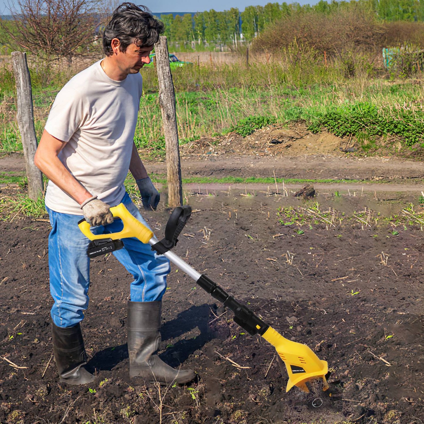Cordless Electric Garden Tiller Cultivator 20V, 3.93in Width, 250RPM, Yellow