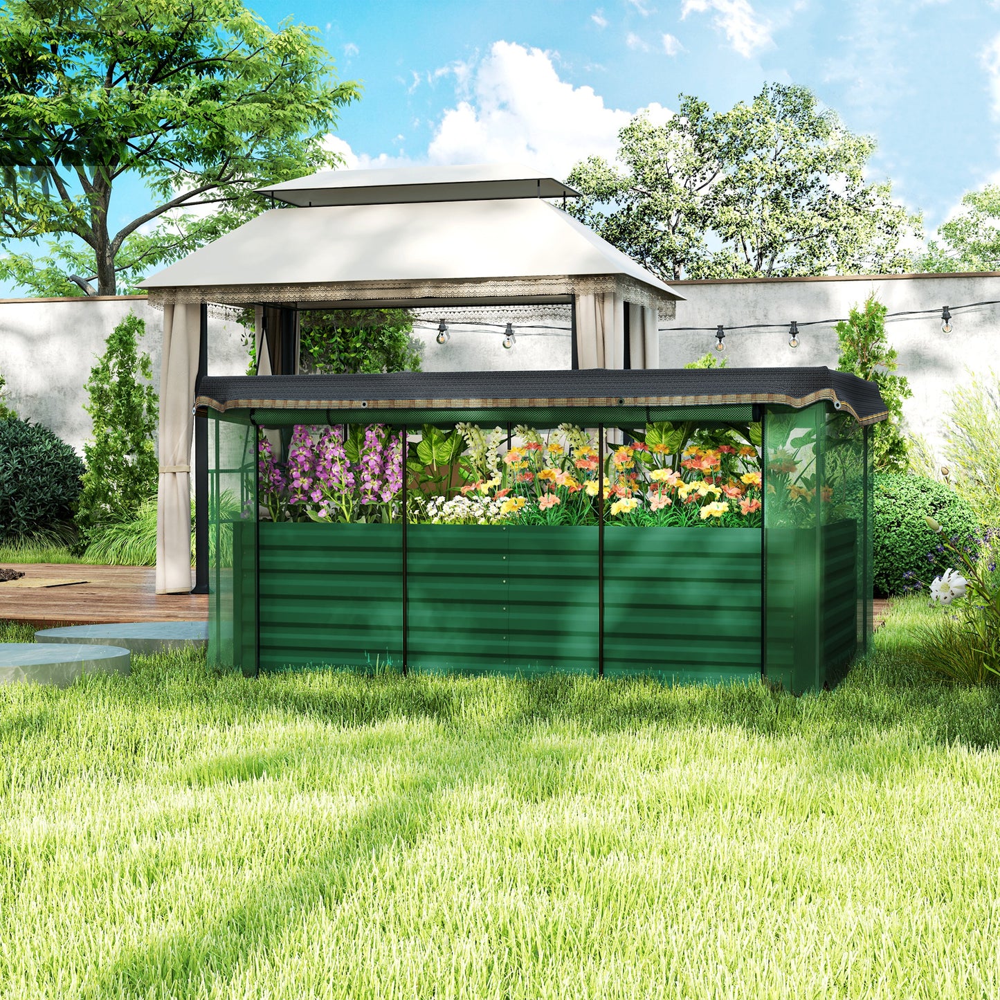 Galvanized Steel Raised Garden Bed with Crop Cage and Shade Cloth - Green