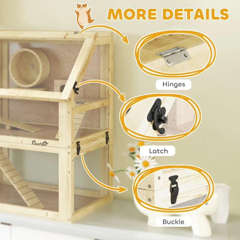3 Tier Wooden Hamster Cage with Detachable Bottom, Hut, Seesaw, Ramps & Exercise Wheel