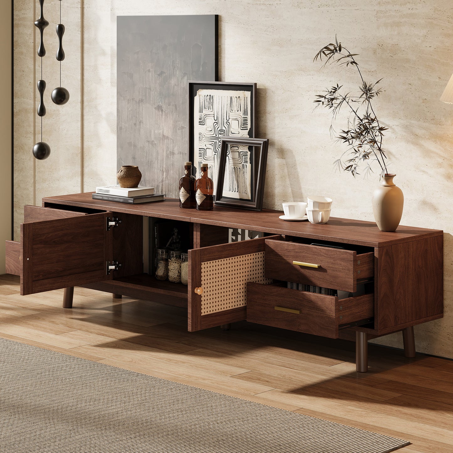 70inch Modern TV Stand With Rattan Doors For TVs Up To 80 , Media