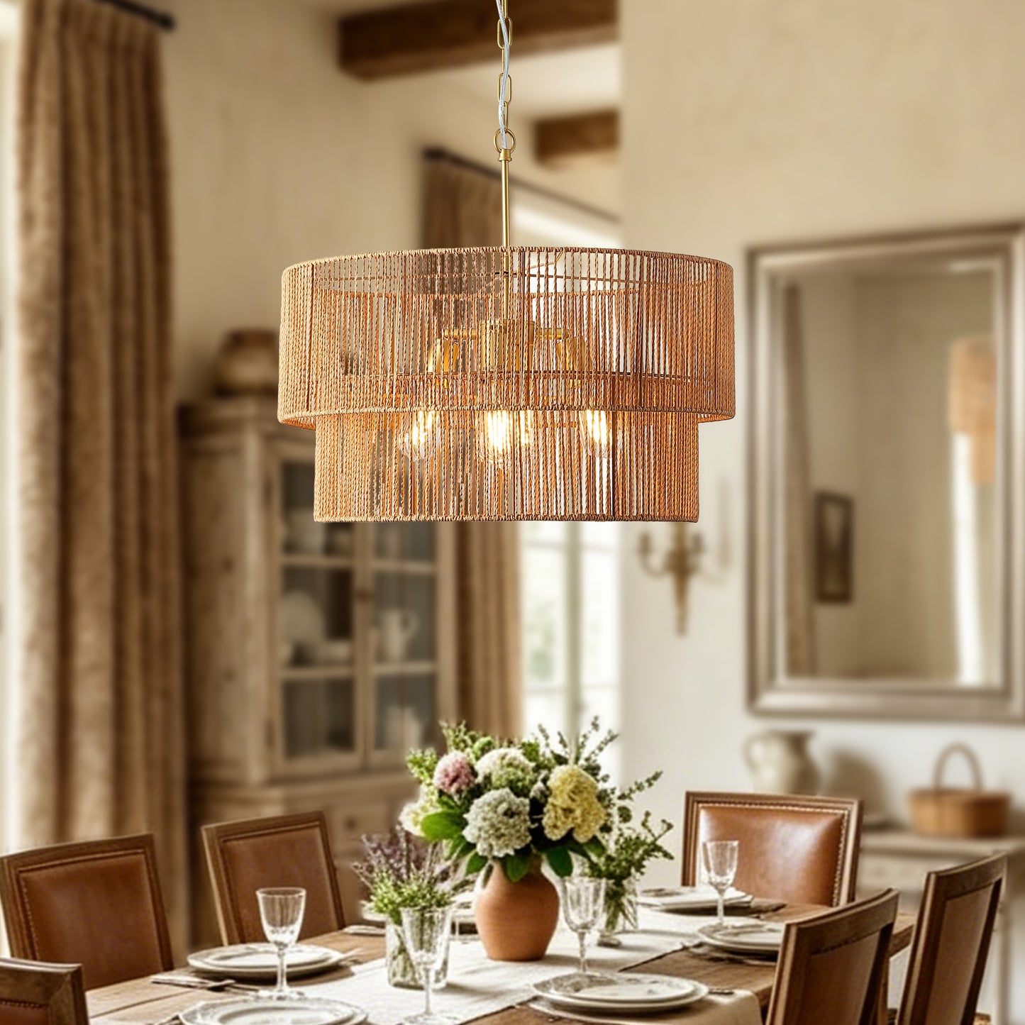Woven Paper Rattan Pendant Light - 2-Tier Boho Ceiling Lamp for Dining & Living Room