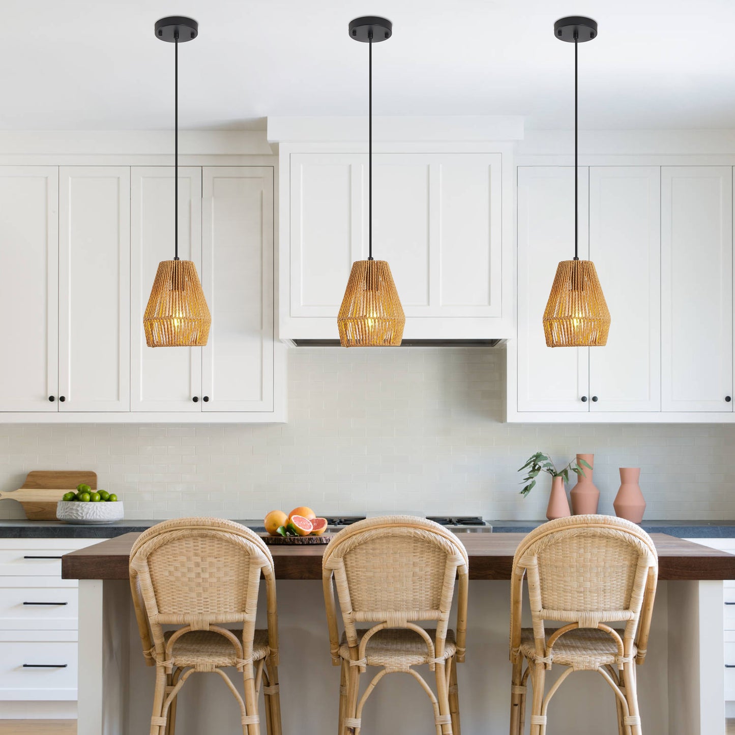 7-Inch Set of 3 Rustic Hemp Rope Pendant Lights - Farmhouse Ceiling Fixtures