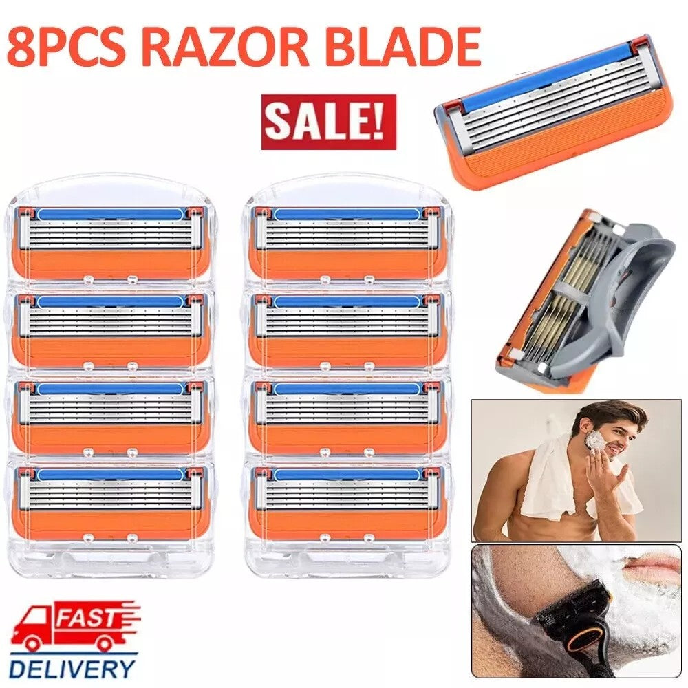 8-Piece Stainless Steel Men's Razor Blade Refills - Anti-Friction