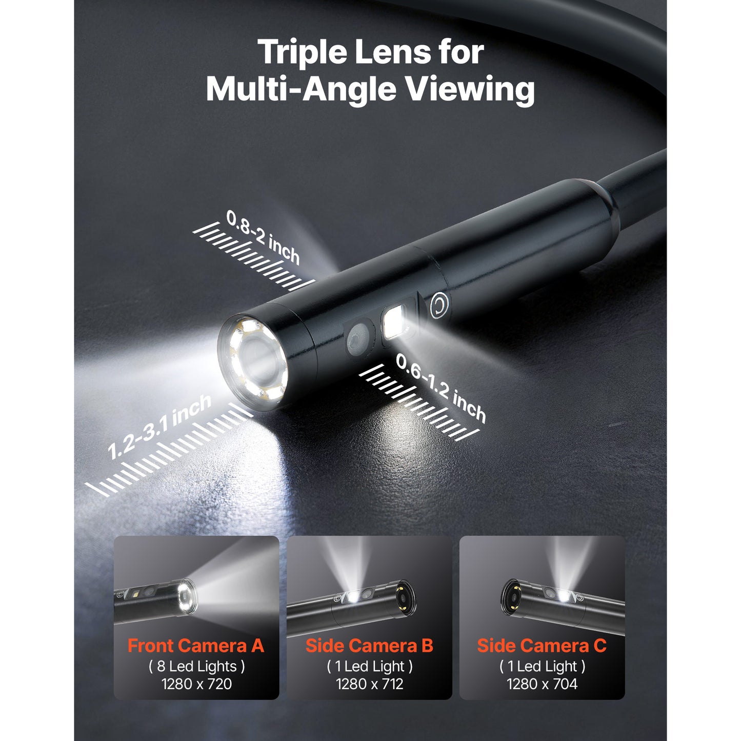 HD Industrial Endoscope Camera with Light 8X Zoom Waterproof 16.4FT Rigid Cable