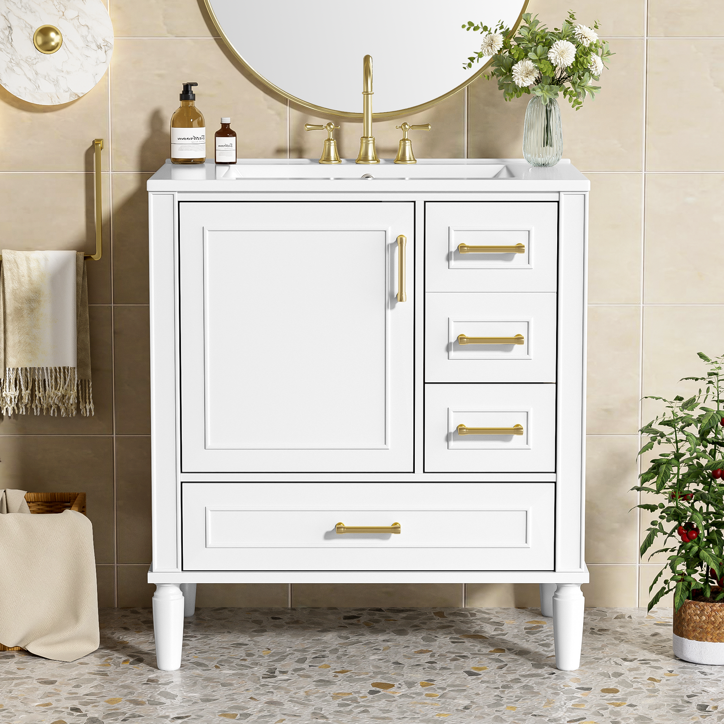 30" Bathroom Vanity with Ceramic Sink and Ample Storage - White
