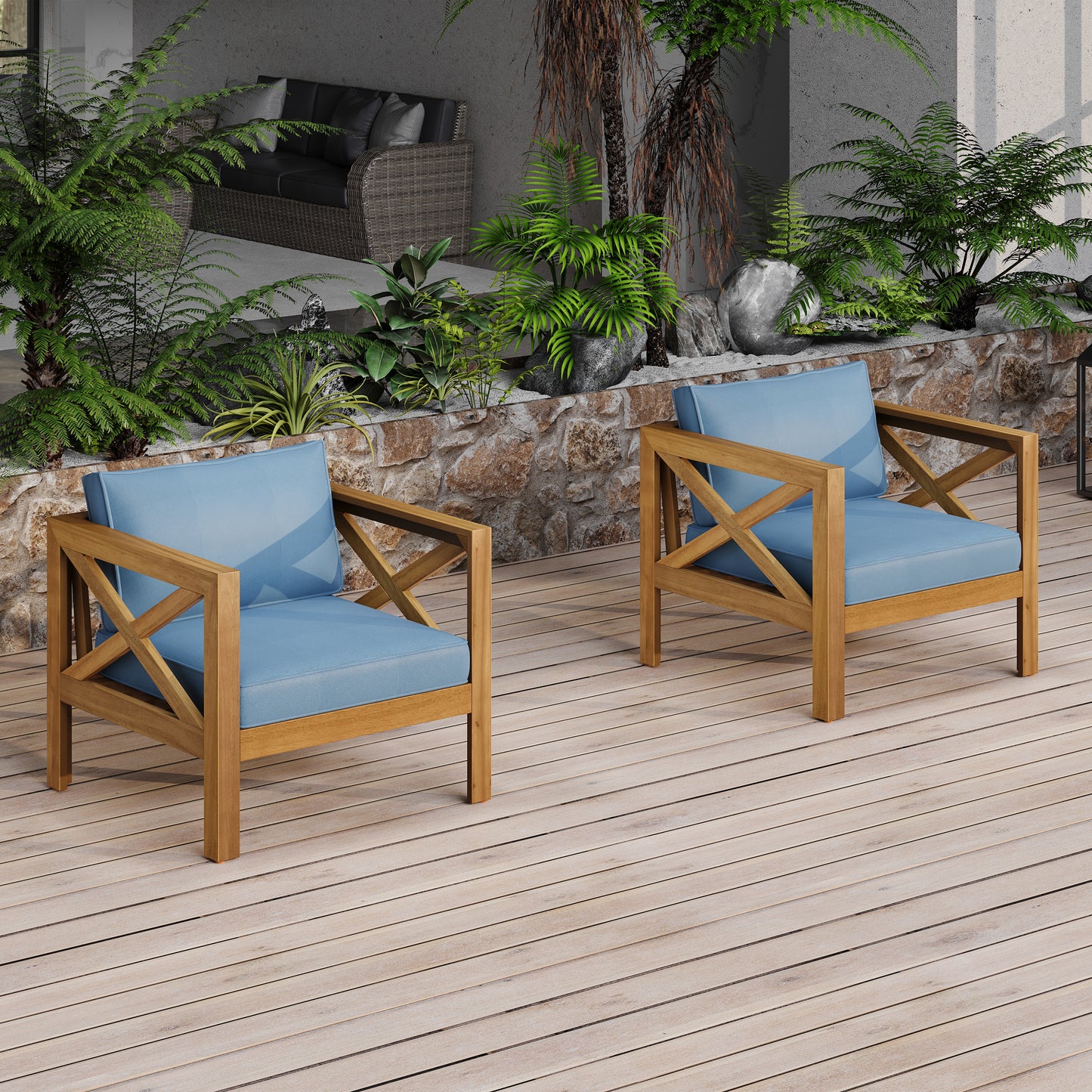 Outdoor Acacia Wood Club Armchair Set with Cushions - Blue Teak