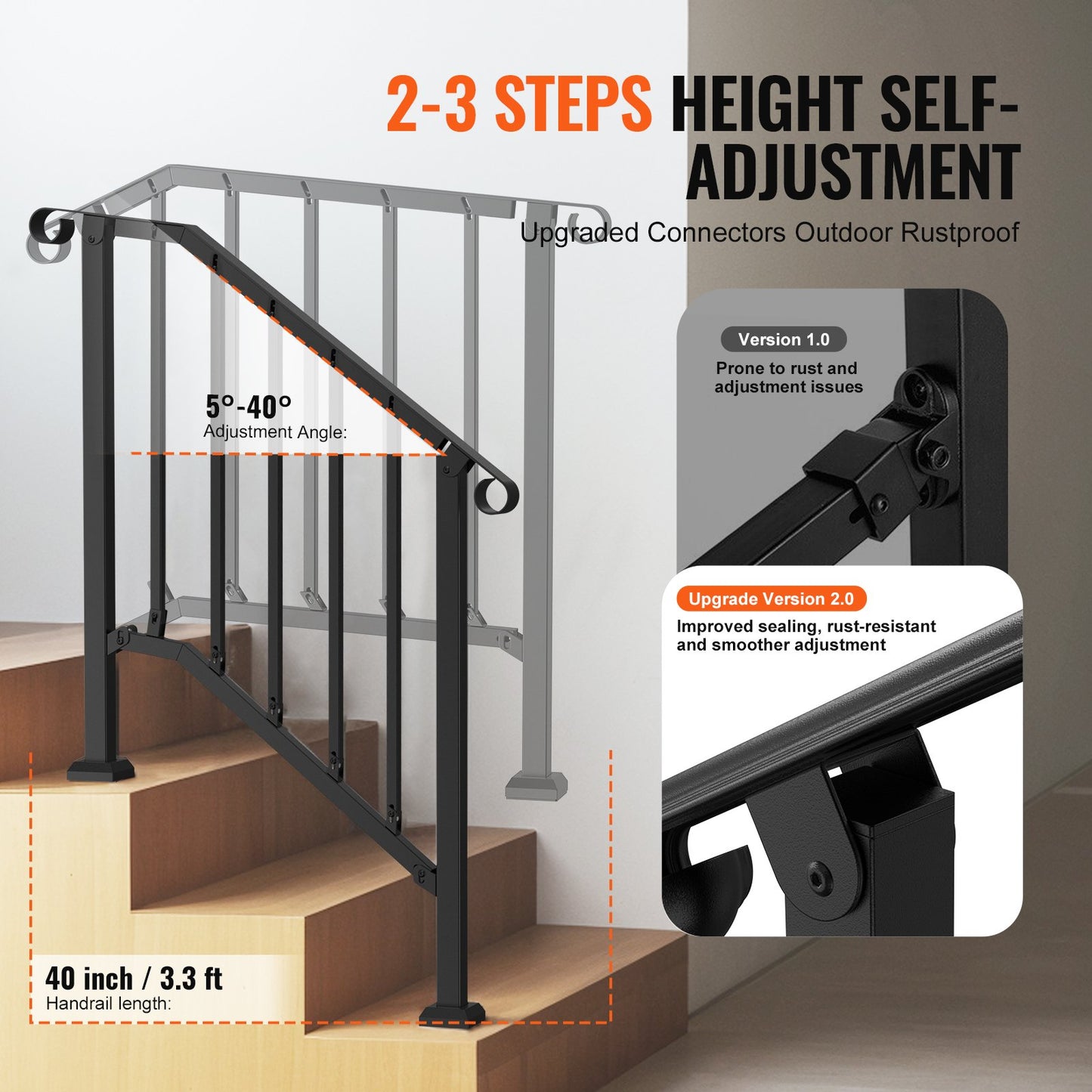 Outdoor Handrails for 2-3 Step Porch Decks Black - Safe & Durable Stair Support