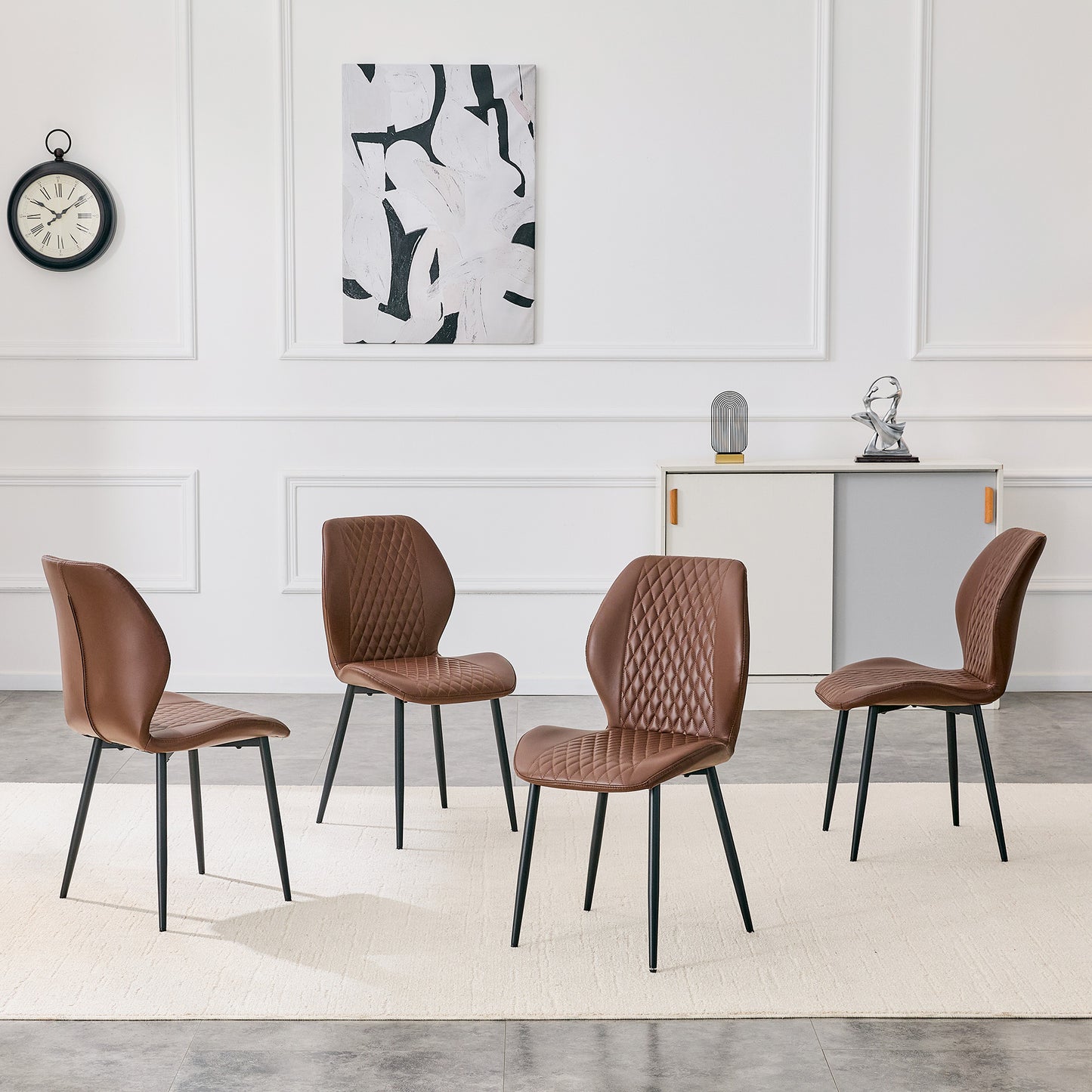 Set Of 4 Modern Light Luxury Brown Diamond-quilted PU Chairs With
