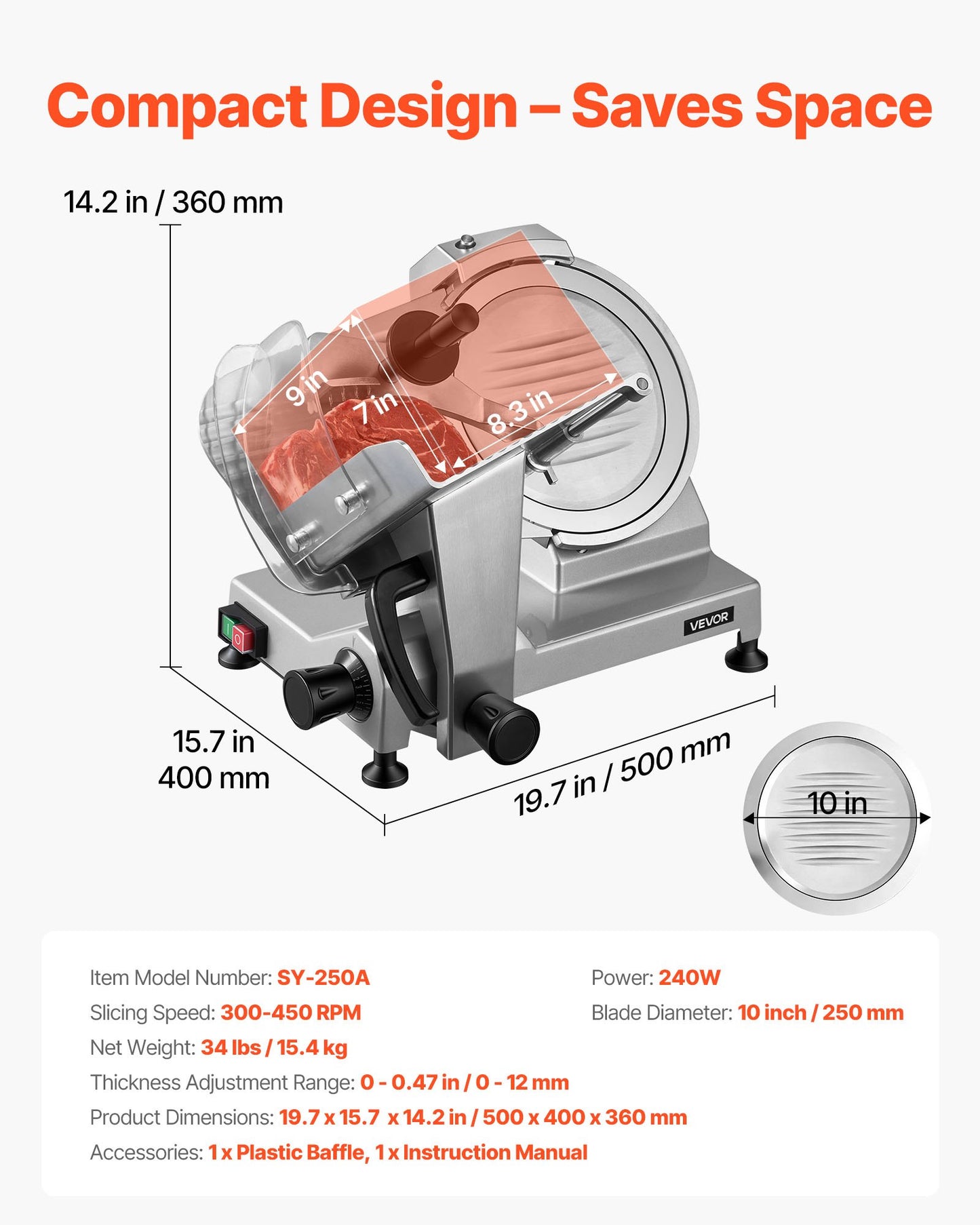 10-Inch Commercial Electric Meat Slicer with Adjustable Thickness, Carbon Steel Blade — Black