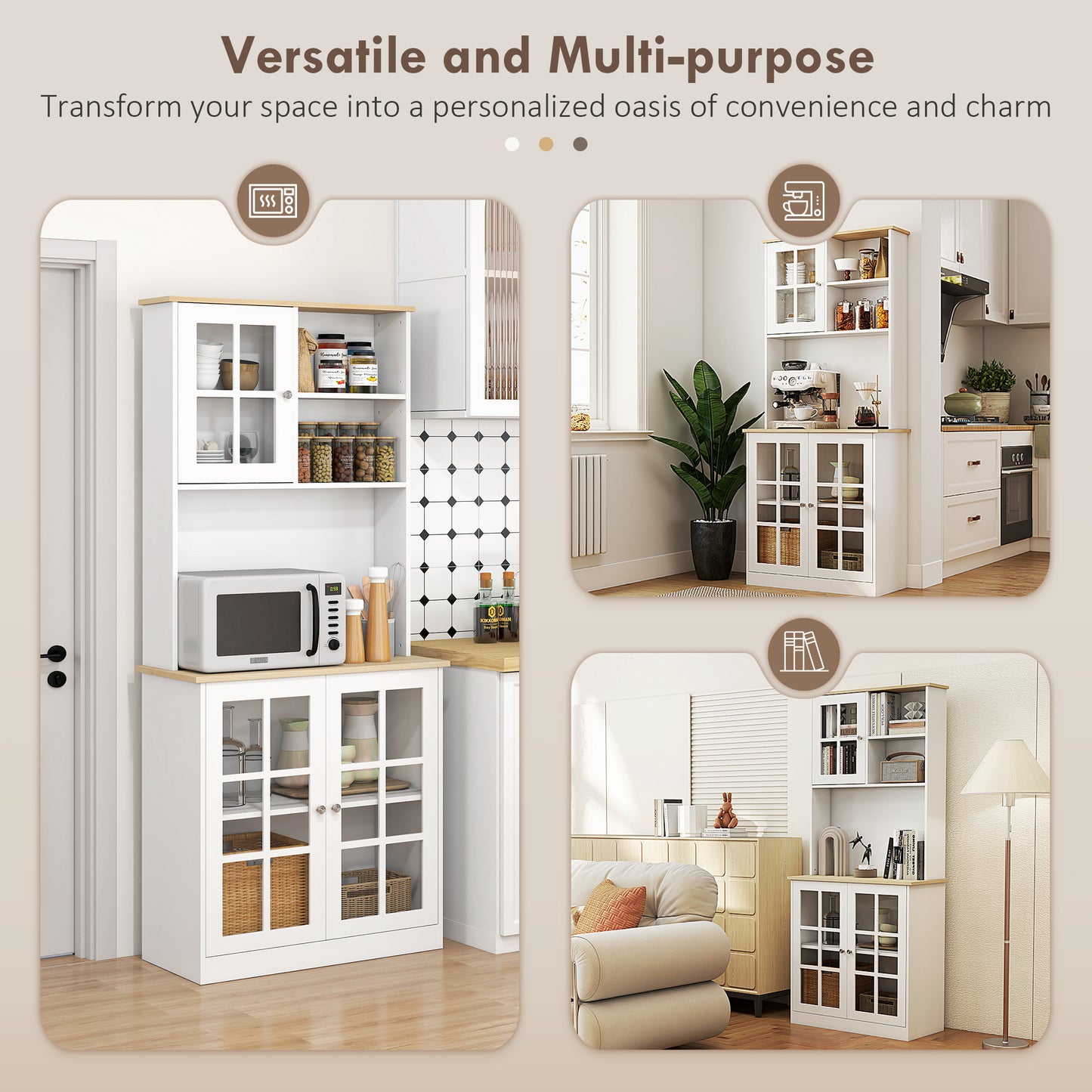 72" Freestanding Kitchen Pantry Cabinet with Hutch - White