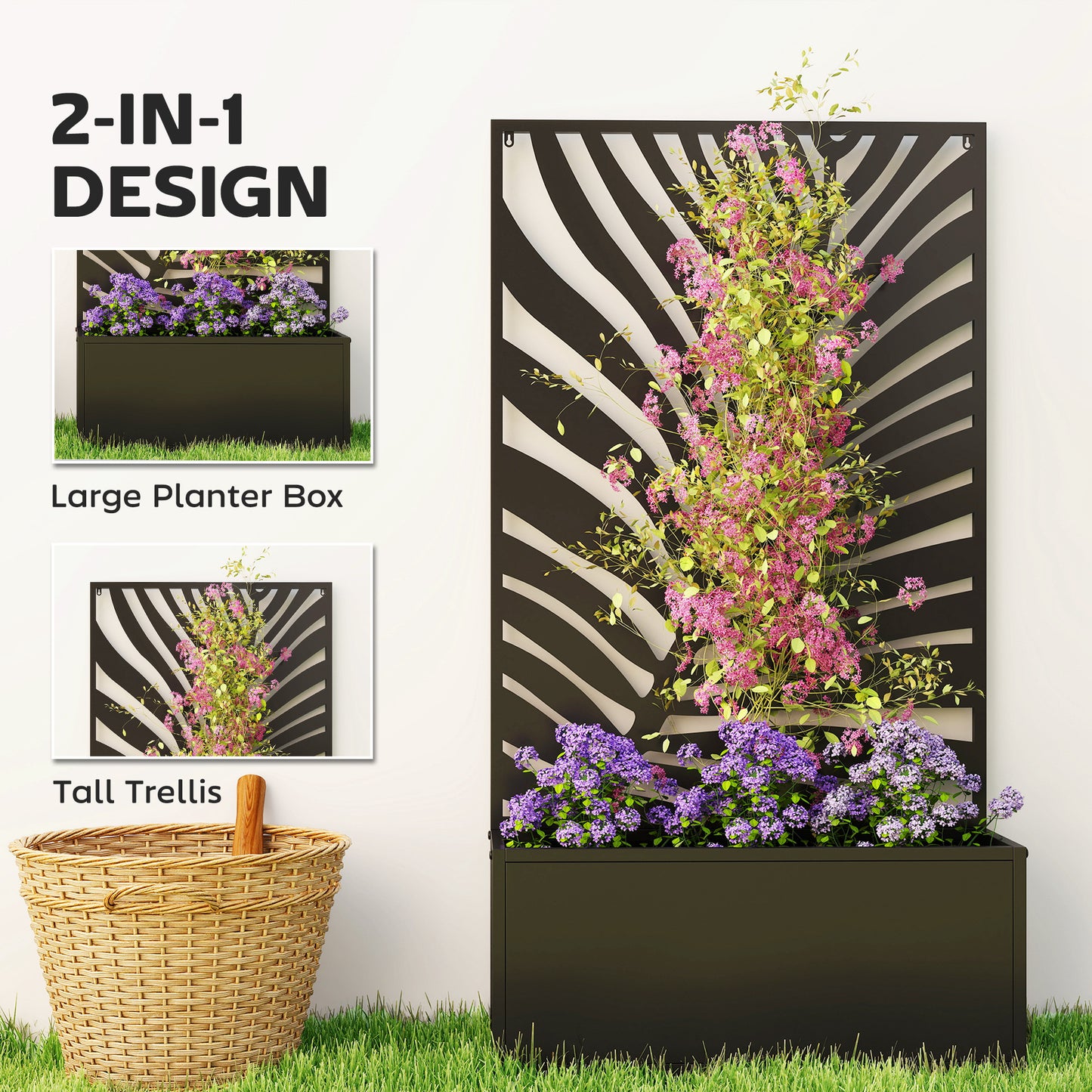 Metal Garden Bed with Trellis for Climbing Plants - Freestanding or Wall Mountable, 990x700x75 mm, Black
