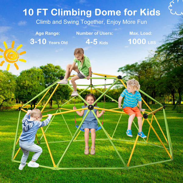 10FT Jungle Gym Climbing Dome for Kids with Swing - Green