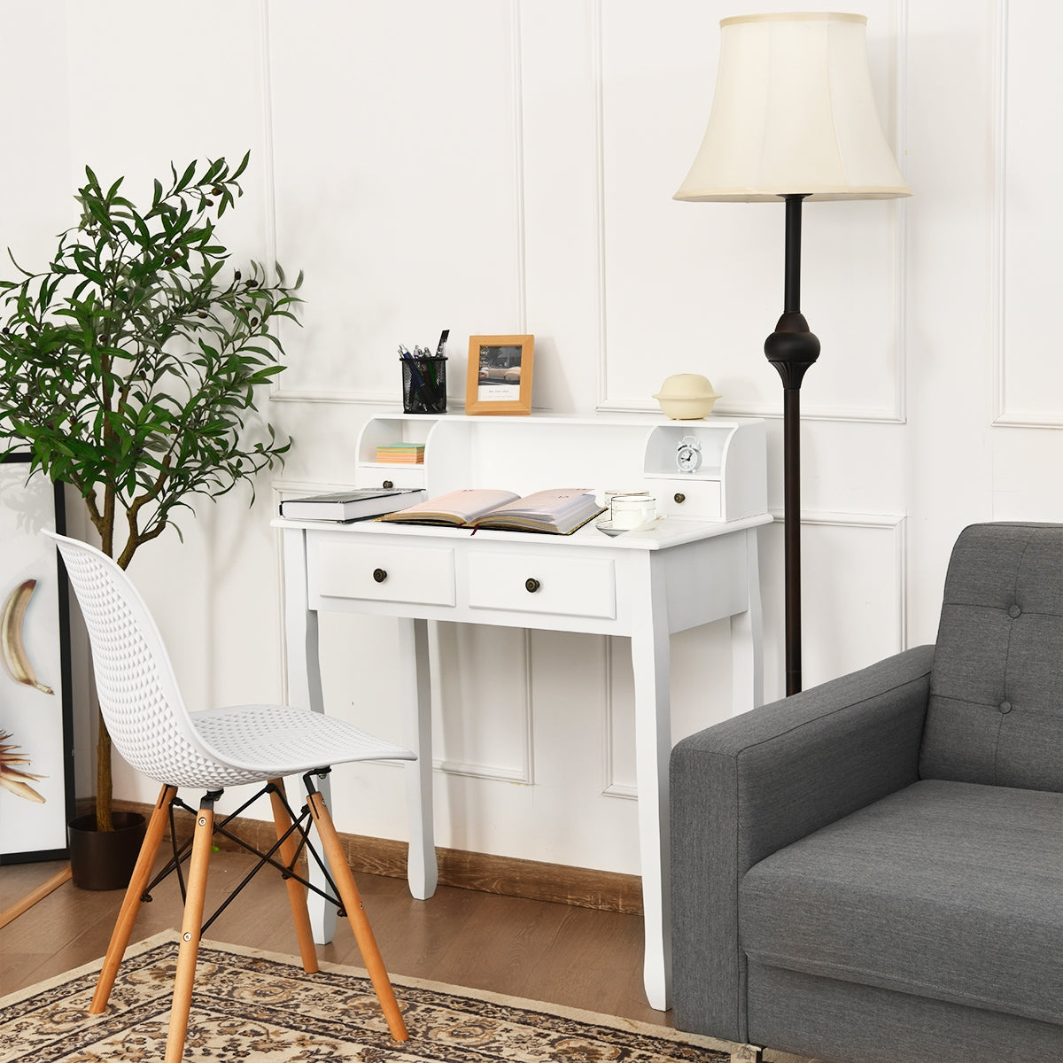 2-Tier Vanity Writing Desk with 4 Drawers - White