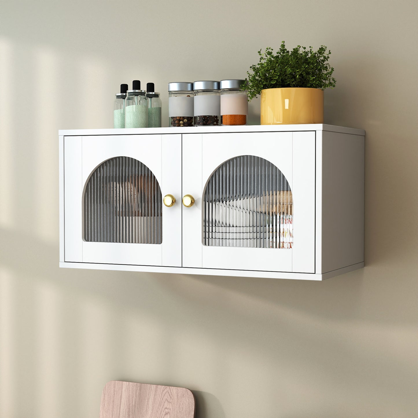 Wall-Mounted Glass Door Cabinet - White Floating Storage