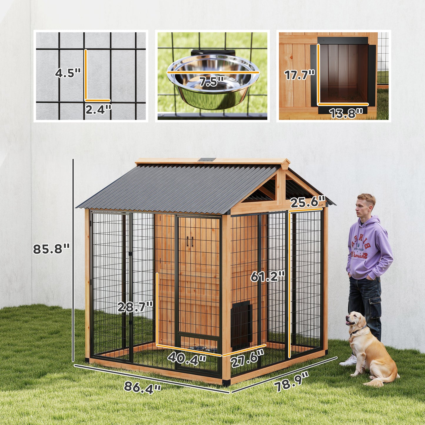 Large Outdoor Dog House with Storage Cabinet & Steel Bowls - Light Yellow