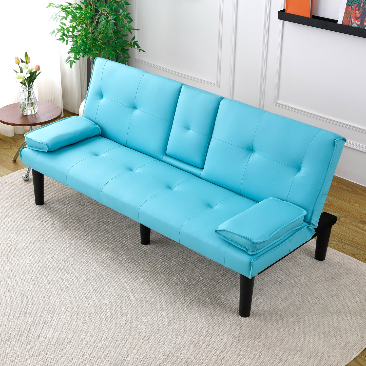 67-Inch Blue PVC Multi-Functional Sofa Bed with Cup Holder