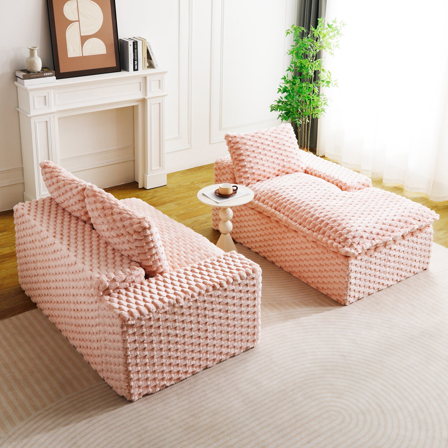 Convertible Pink Velvet Sofa with Chaise Lounge - Twin-Seat