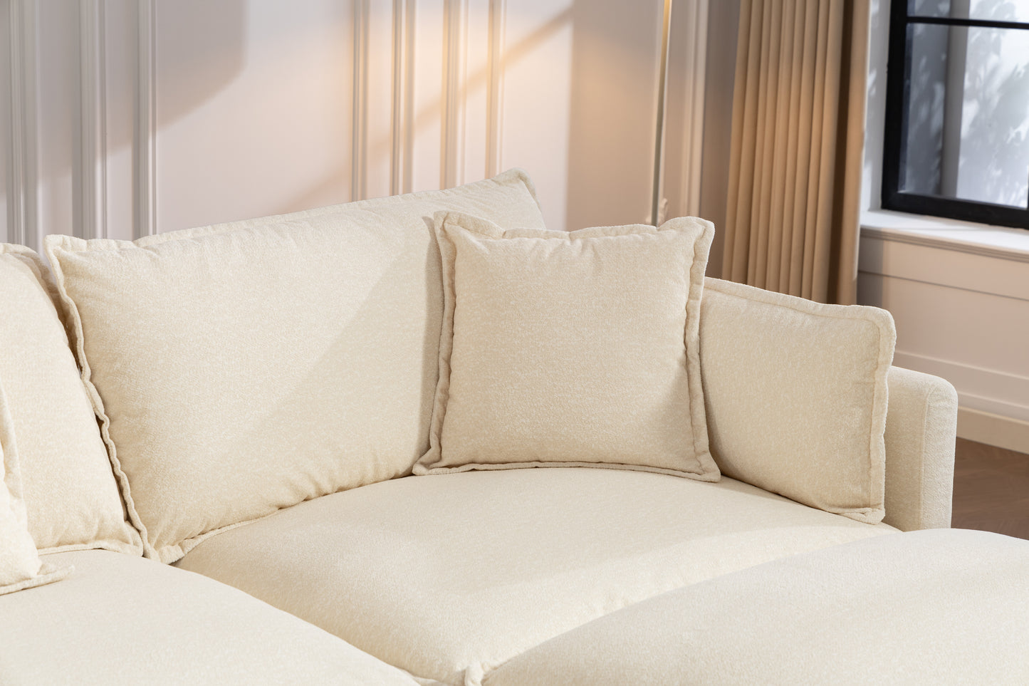 Antique White 4-Seat Sectional Sofa with Ottoman & Pillows