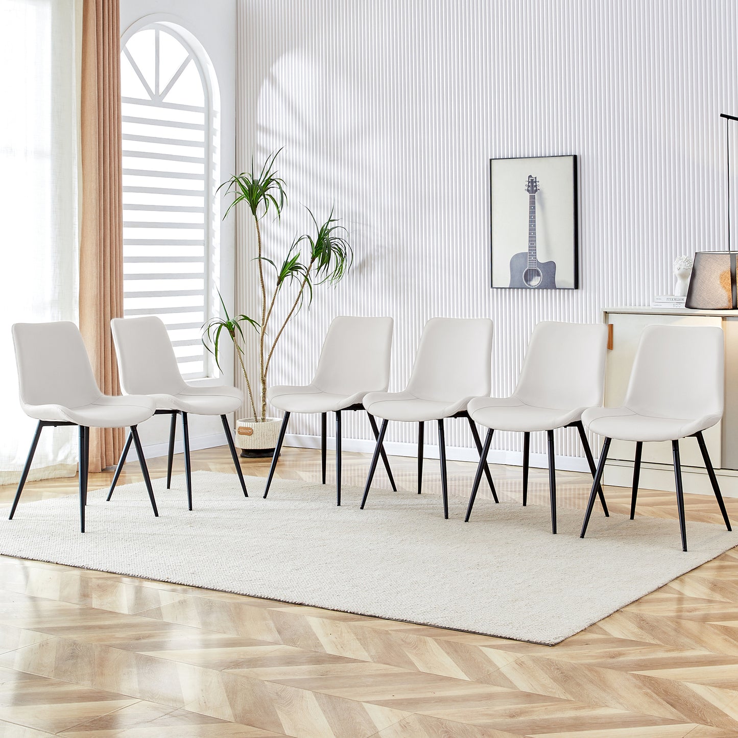 White Artificial Leather Backrest Cushion Dining Chair, Black Metal