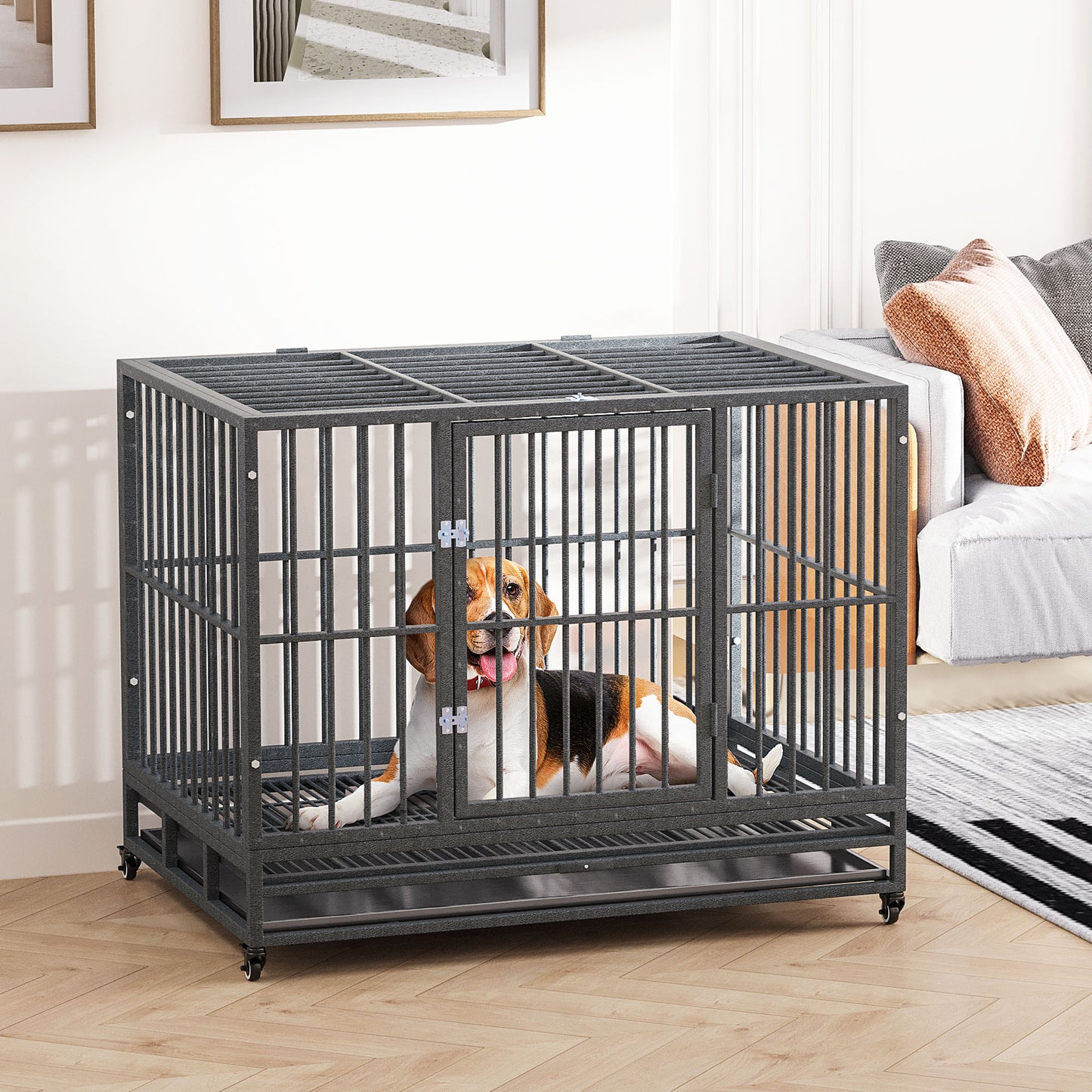 Heavy Duty Dog Crate Metal Cage with Lockable Wheels & Double Doors - 43 Inch Gray