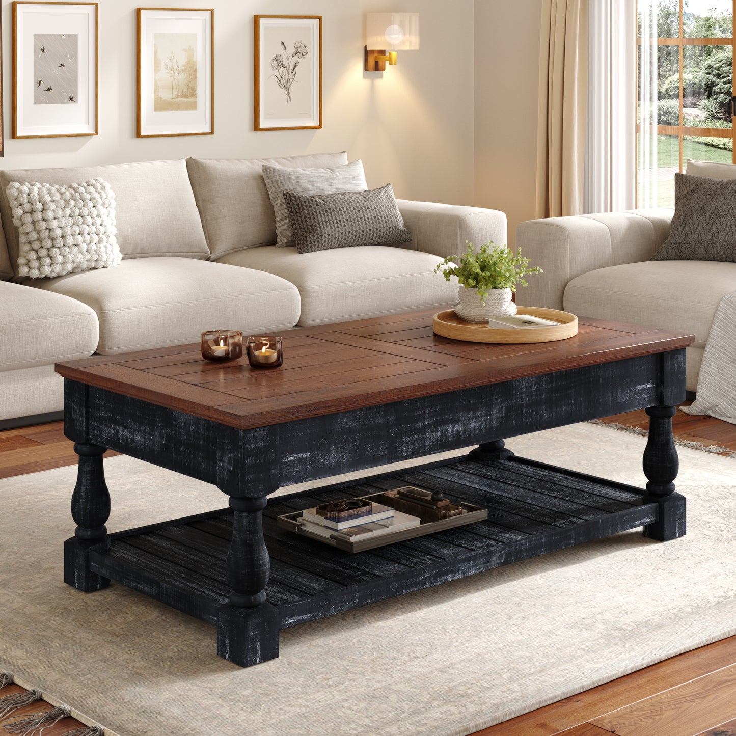 Retro Lift-Top Coffee Table with Storage - Espresso & Weathered Black