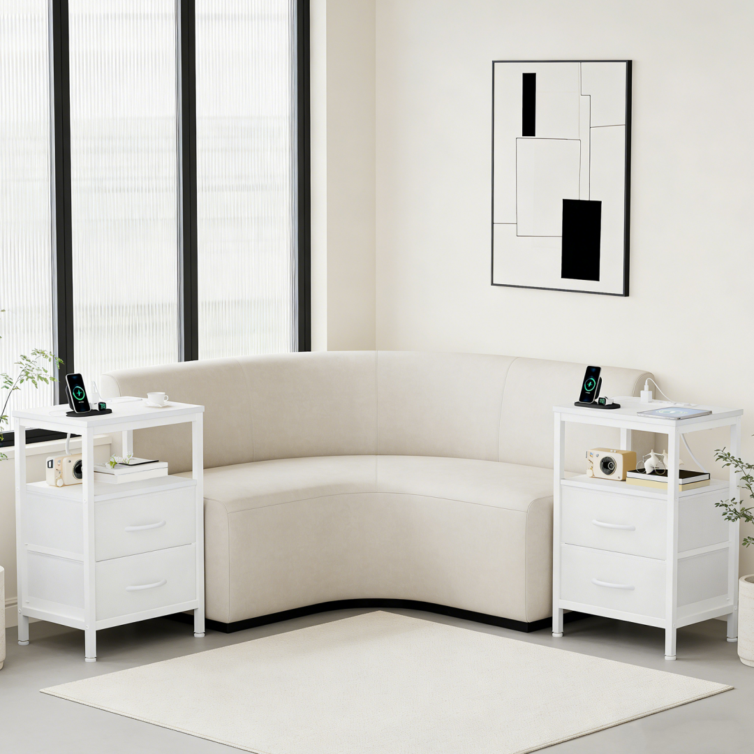 Compact Bedside Table with Charging Station & Fabric Drawers